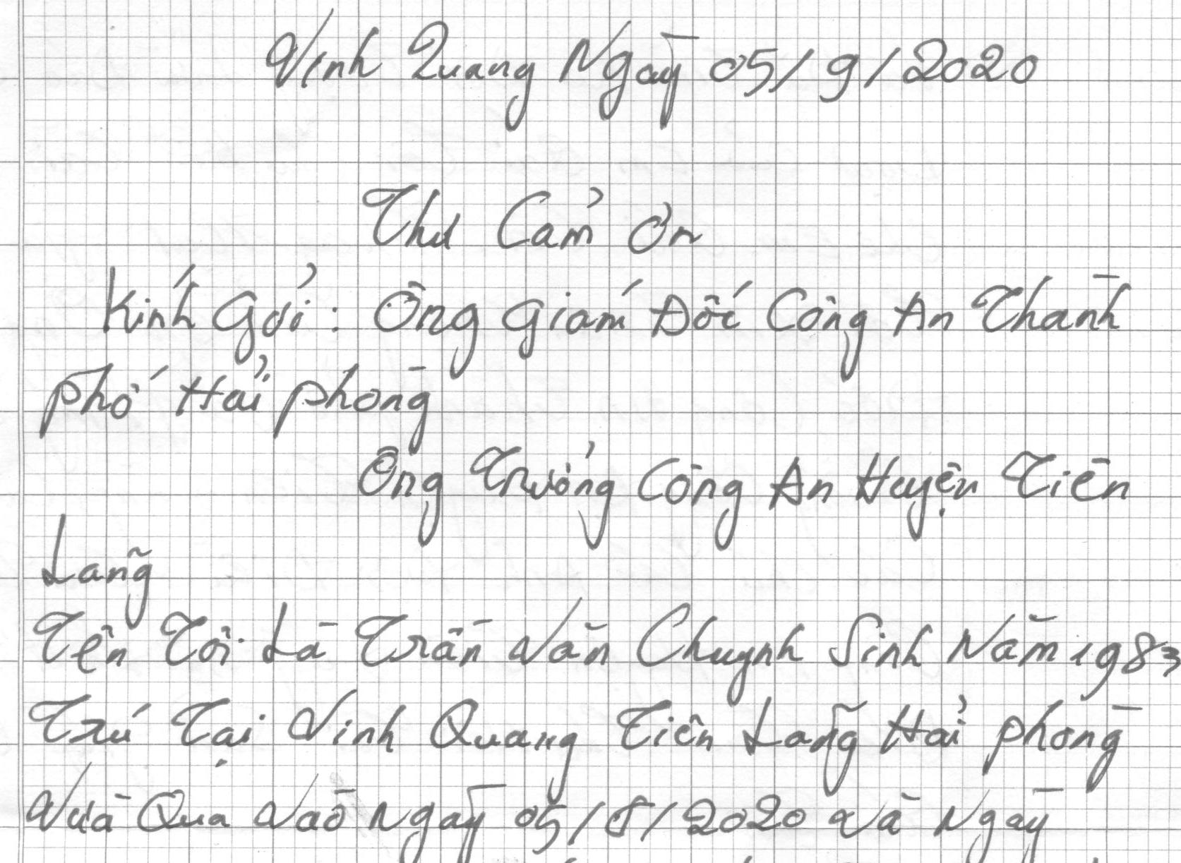 Anh Trần Văn Chuynh ở huyện Tiên Lãng gửi thư cảm ơn Công an huyện Tiên Lãng